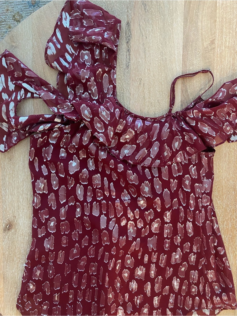 Veronica Beard Burgundy Metallic Cold-Shoulder Ruffle Camisole